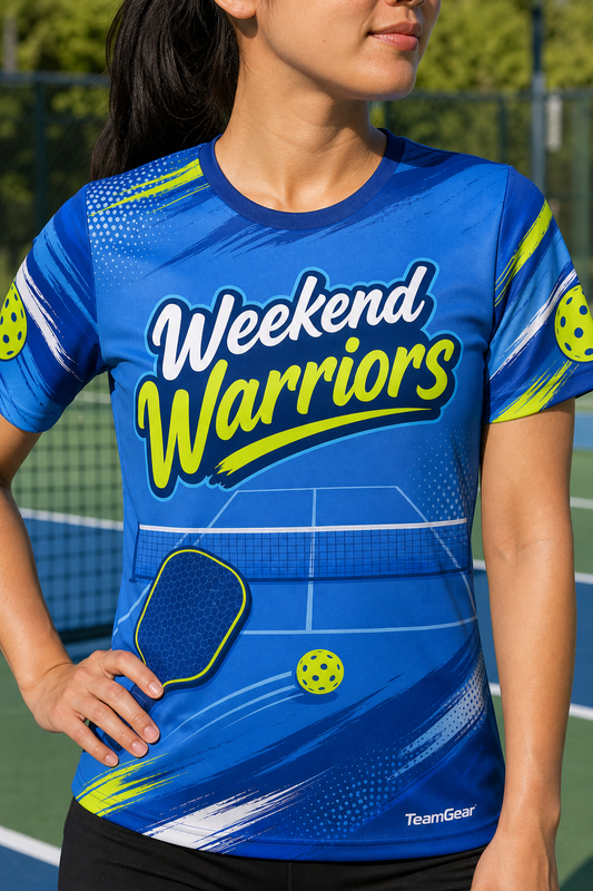 Weekend Warriors Blue Pickleball Jersey — custom pickleball jersey worn on model — TeamGear Canada