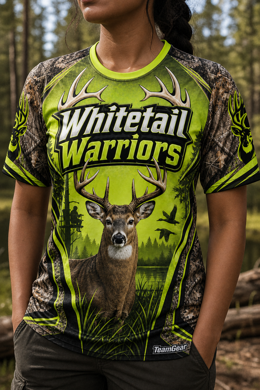 Whitetail Warriors Lime Hunting Jersey — custom hunting jersey worn on model — TeamGear Canada