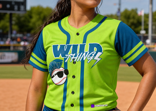 Wild Things Green Baseball Jersey Full Button — custom baseball jersey worn on model — TeamGear Canada