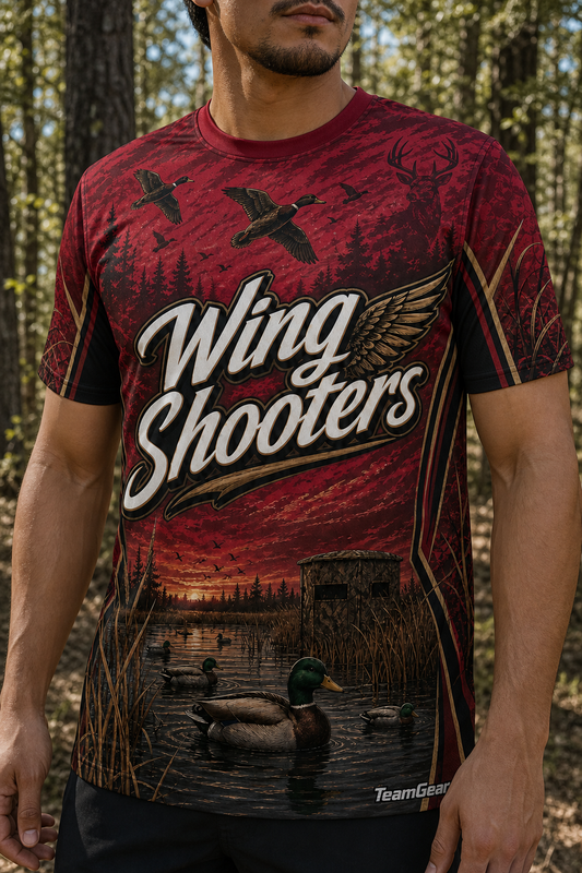 Wing Shooters Crimson Hunting Jersey — custom hunting jersey worn on model — TeamGear Canada