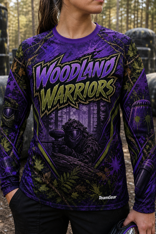Woodland Warriors Purple Long Sleeve Paintball Jersey — custom paintball jersey worn on model — TeamGear Canada