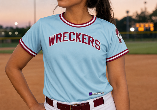 Wreckers Powder Blue Softball Jersey — custom softball jersey worn on model — TeamGear Canada