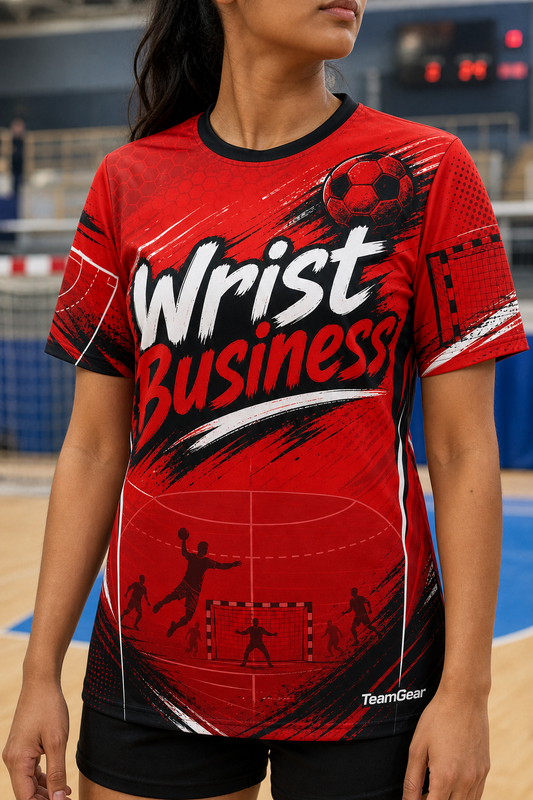 Wrist Business Red Handball Jersey — custom handball jersey worn on model — TeamGear Canada