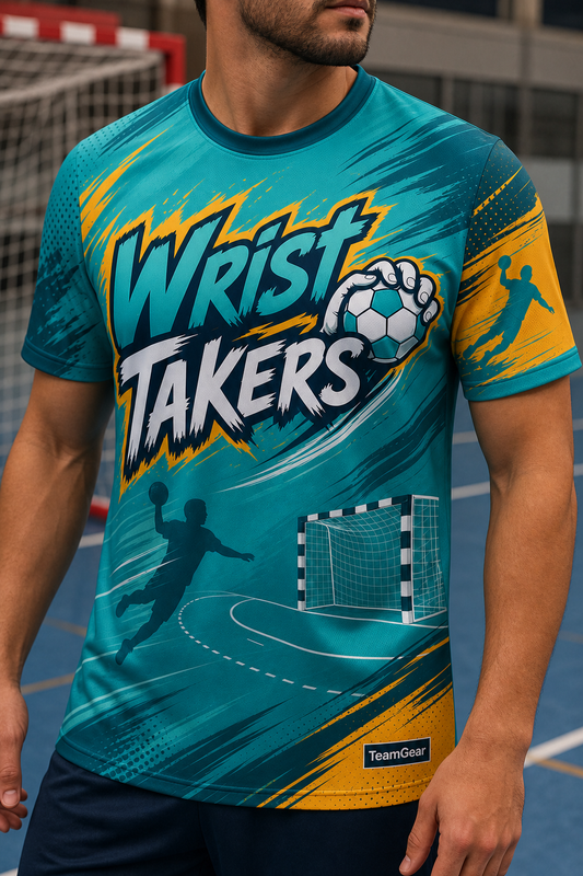 Wrist Takers Teal Handball Jersey — custom handball jersey worn on model — TeamGear Canada