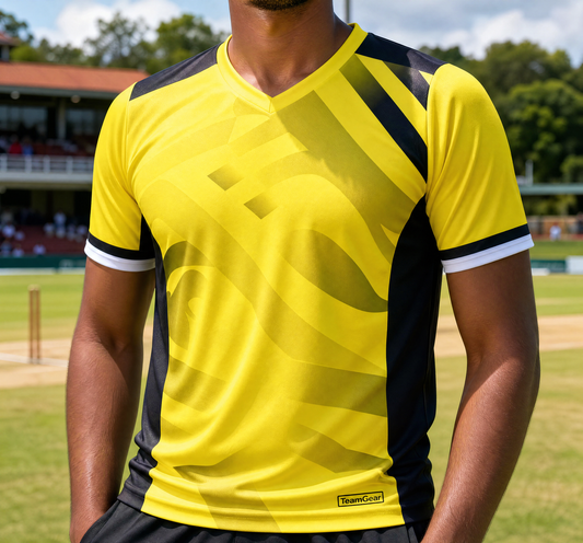 Yellow Cricket Jersey — custom cricket jersey worn on model — TeamGear Canada