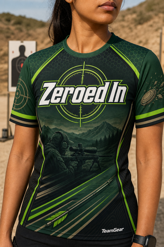 Zeroed In Green Shooting Jersey — custom shooting jersey worn on model — TeamGear Canada