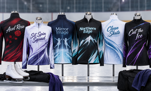 Six custom figure skating team jackets on mannequins at a rink, printed with team names