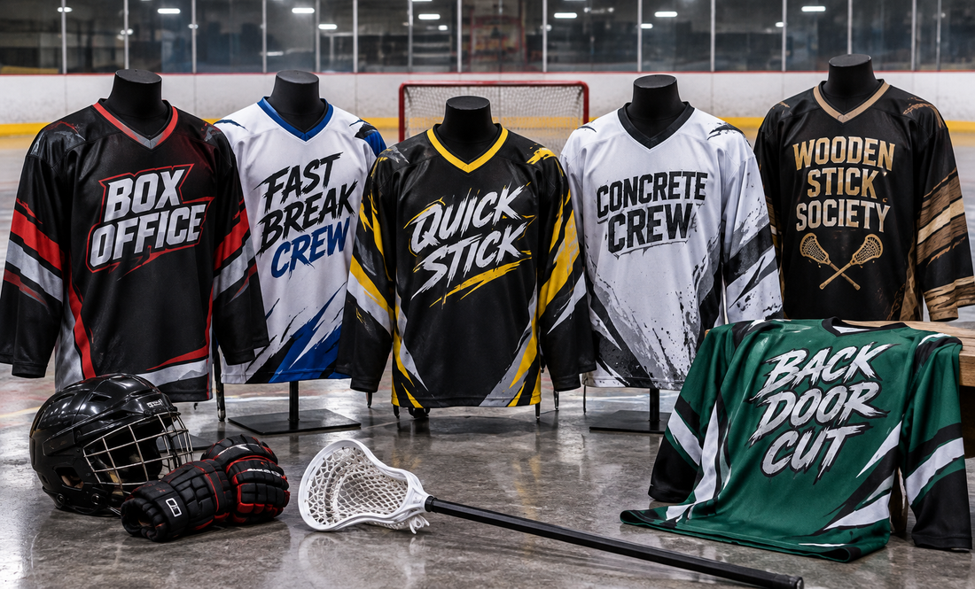 Five custom box lacrosse jerseys displayed on an arena floor with sticks and a helmet