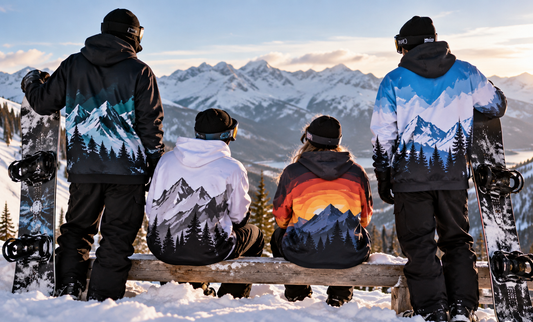 Four custom sublimated snowboard crew hoodies on a rail in a ski lodge