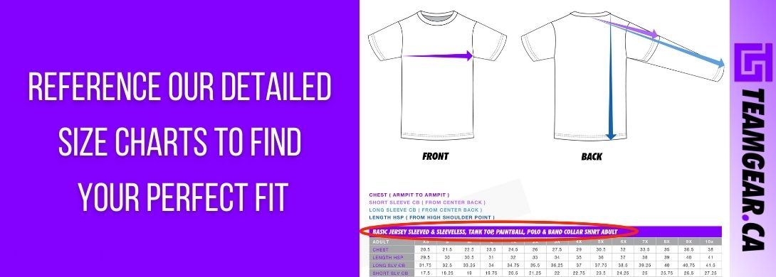 Detailed size charts show all measurements on a jersey, for adult mens and ladies sizes, as well as youth