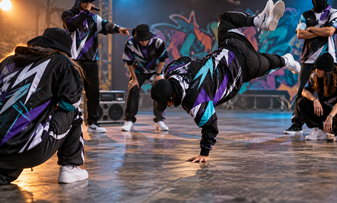 Breakdancers wearing matching shirts and pants performing on a studio floor