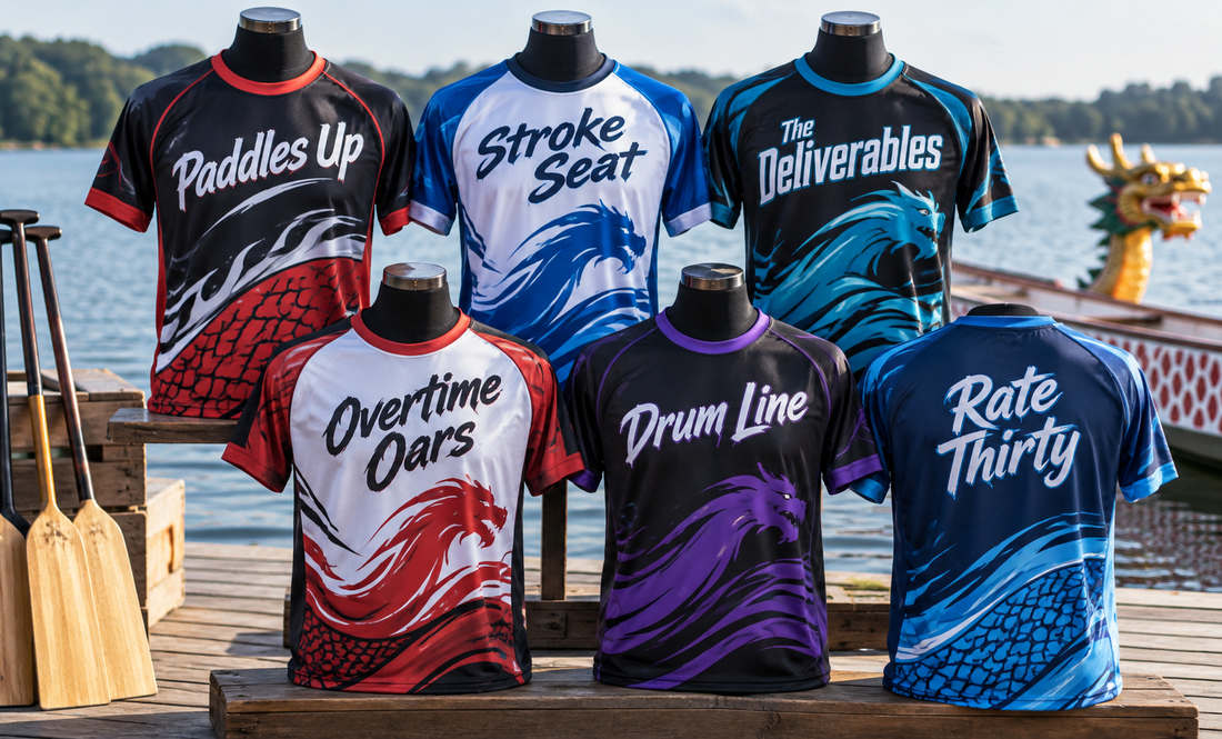 Six dragon boat jerseys on mannequins displayed by the water