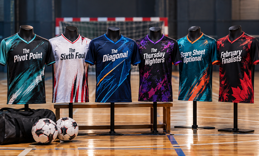 Six jerseys on stands in a gym, printed with team names
