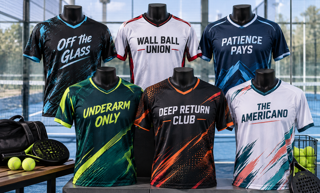 Six padel jerseys on mannequins beside rackets and balls