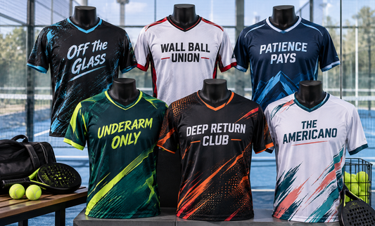 Six padel jerseys on mannequins beside rackets and balls
