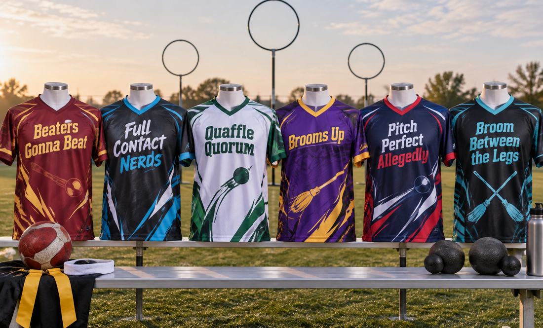 Six jerseys hanging on a rack at a turf field, printed with team names