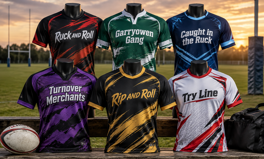 Six rugby jerseys displayed on mannequins at a field sunset