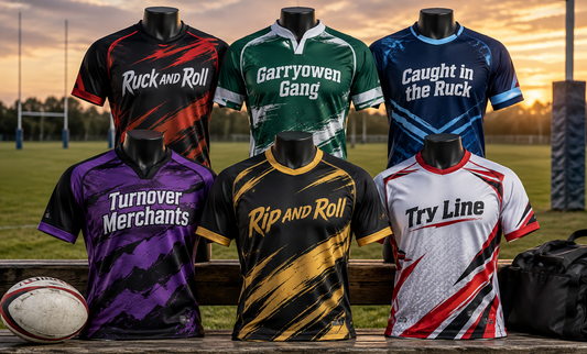 Six rugby jerseys displayed on mannequins at a field sunset