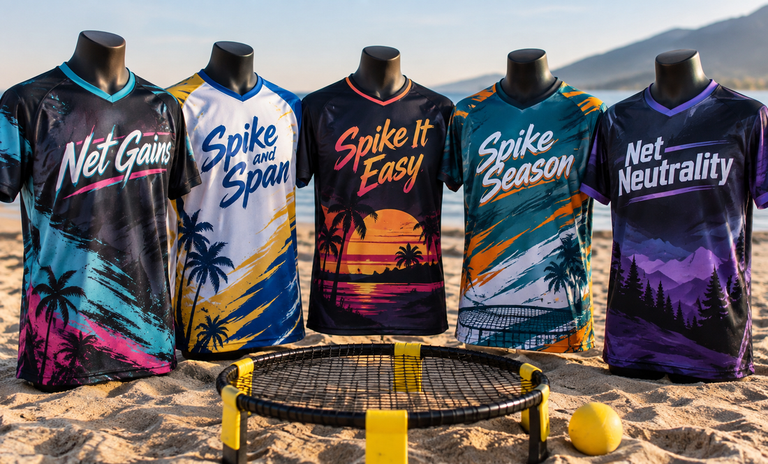 Six custom roundnet jerseys on mannequins on sand around a roundnet set