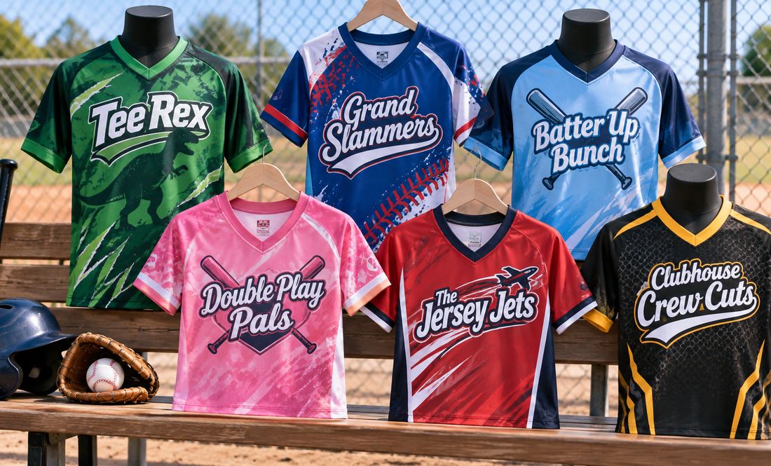 Six jerseys on mannequins and hangers at a ball field, printed with team names