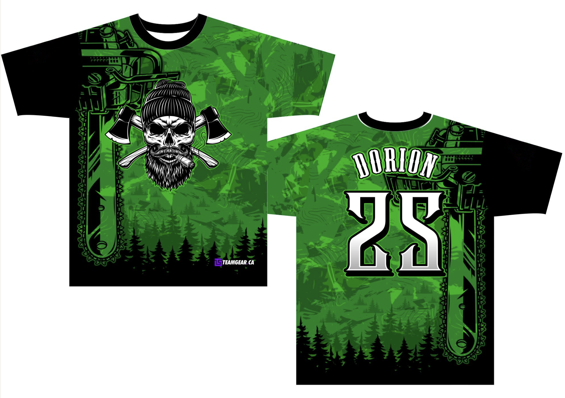 Lumberjacks Green Softball Jersey with chainsaw