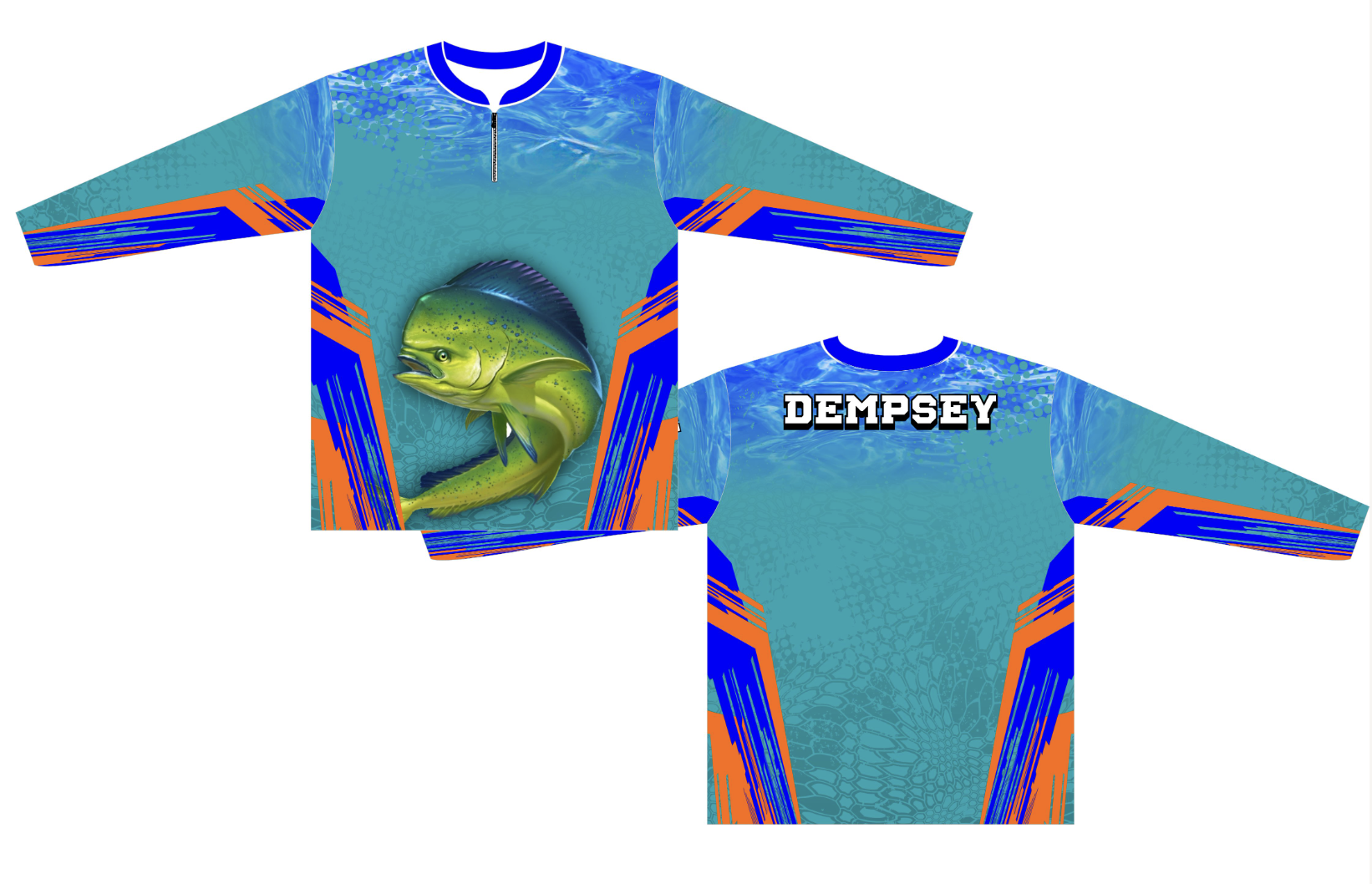 Mahi Mahi Fishing Jersey with blue and green water background design