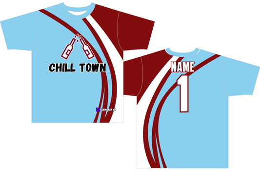 Chill Town Blue Softball Jersey with beer league logo