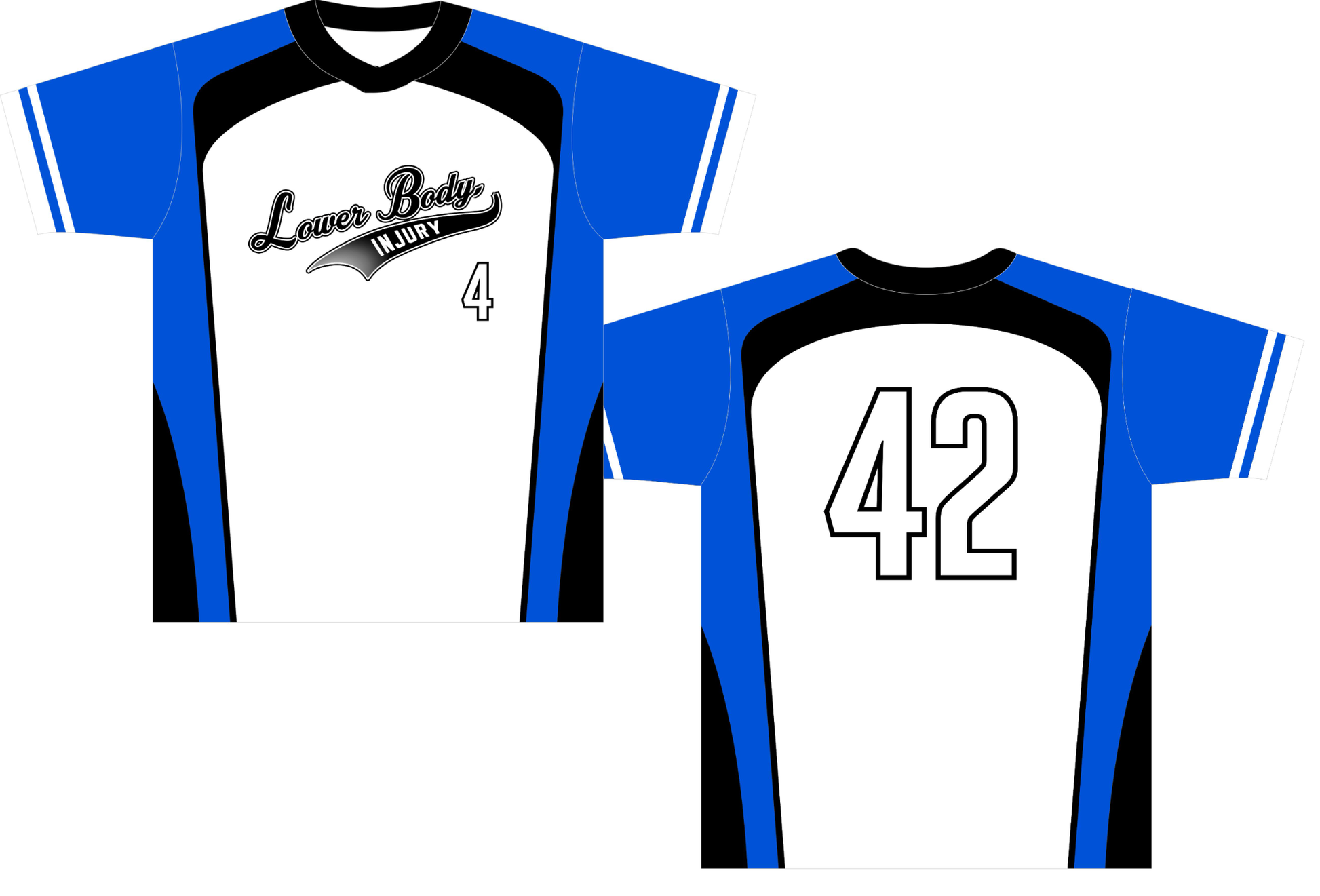 blue and white Lower Body Injury softball jerseys