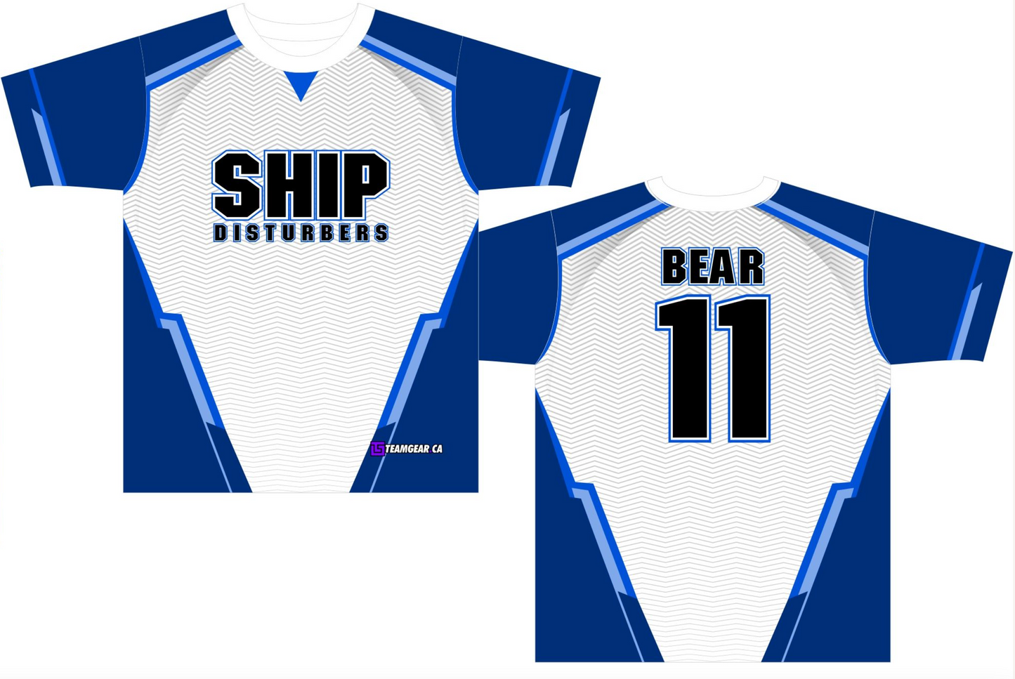 Ship Disturbers Softball Jersey with blue and white design