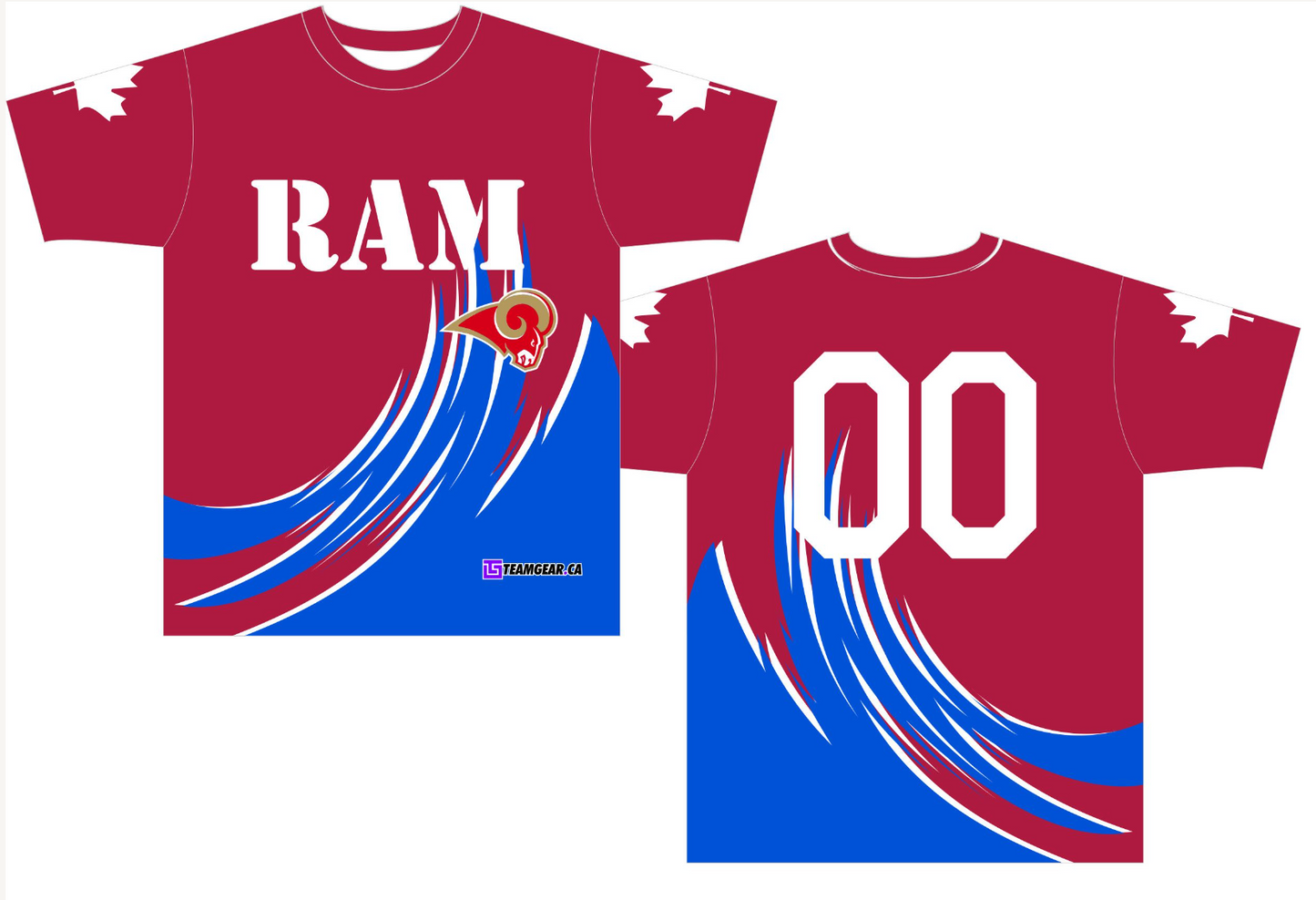 Rams Softball Jersey with blue and red full body design