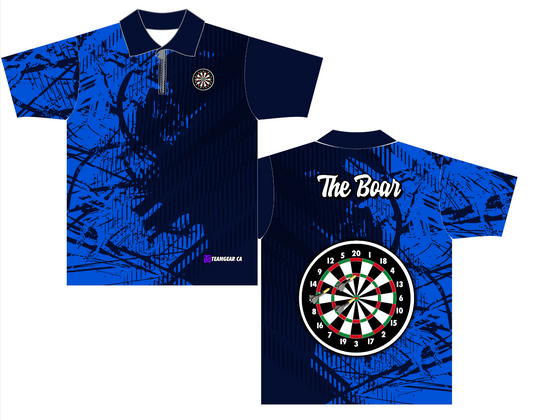 Black and Blue Blue Competitive Darts Jersey with polo collar and zip neck