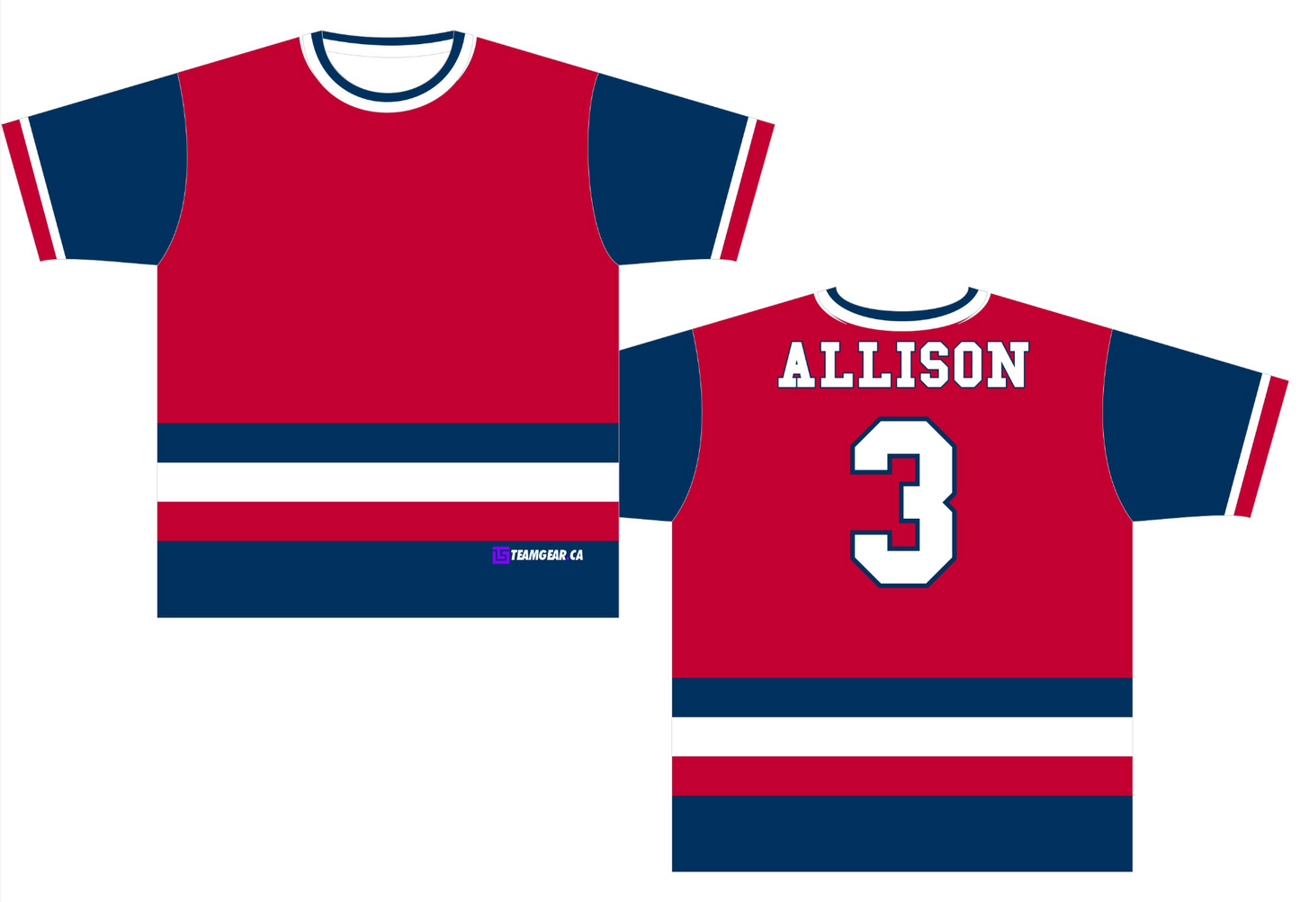 Red, White and Blue Striped sports Jersey with name and number