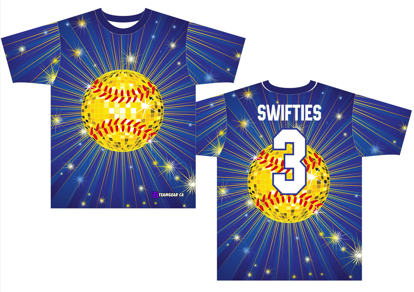 disco ball softball jerseys with gold sparkles