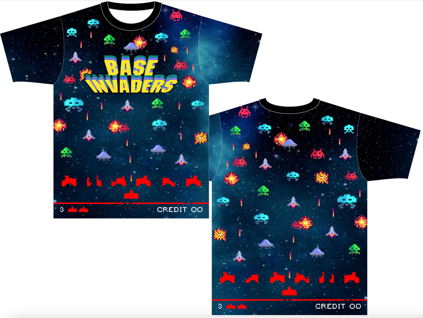 Base Invaders Blue Softball Jersey with arcade design