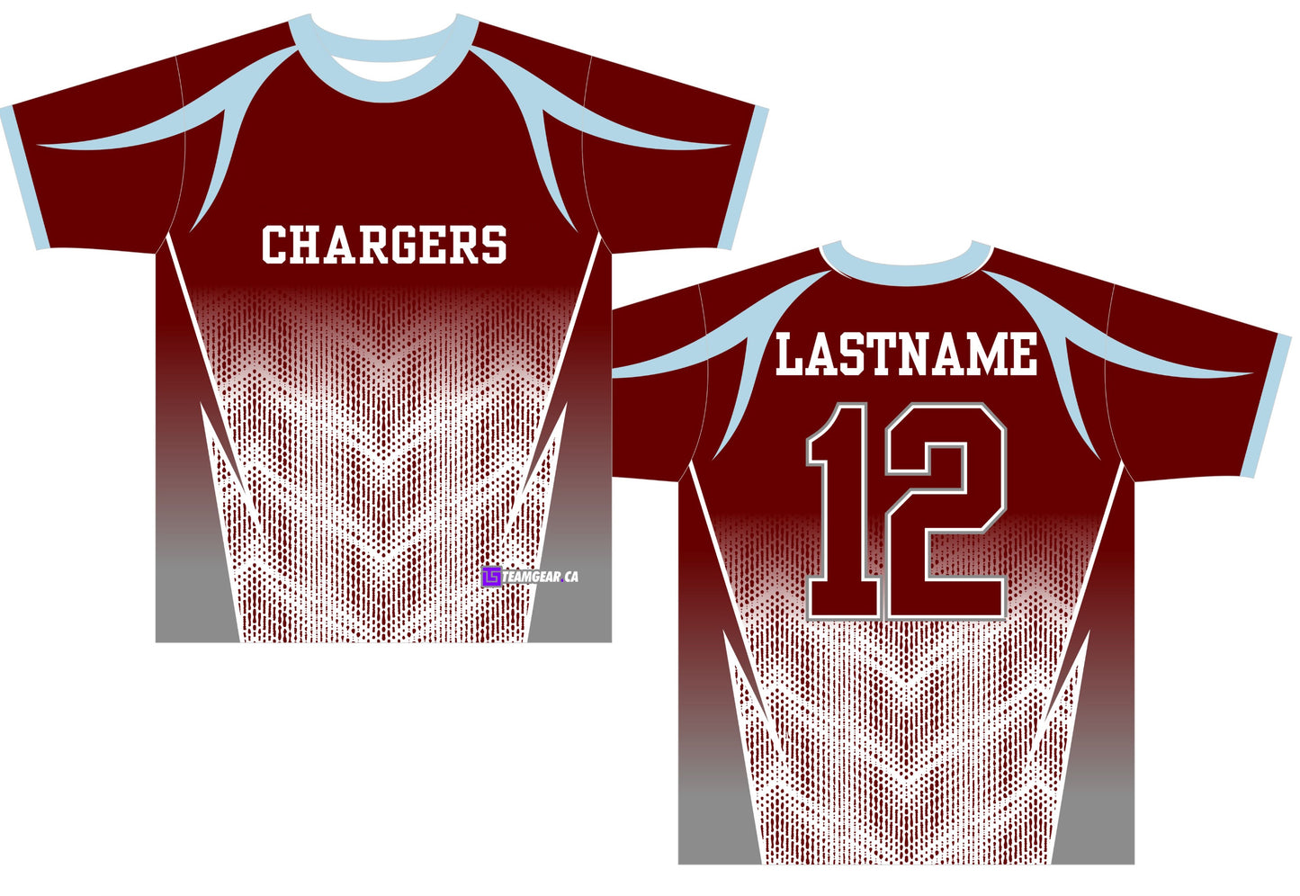 Red Chargers jersey for softball and other sports, made by Teamgear canada