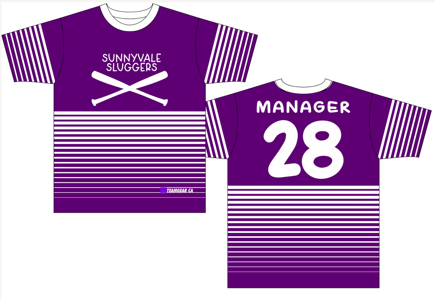 Sunnyvale Sluggers Softball Jersey with purple and white stripes