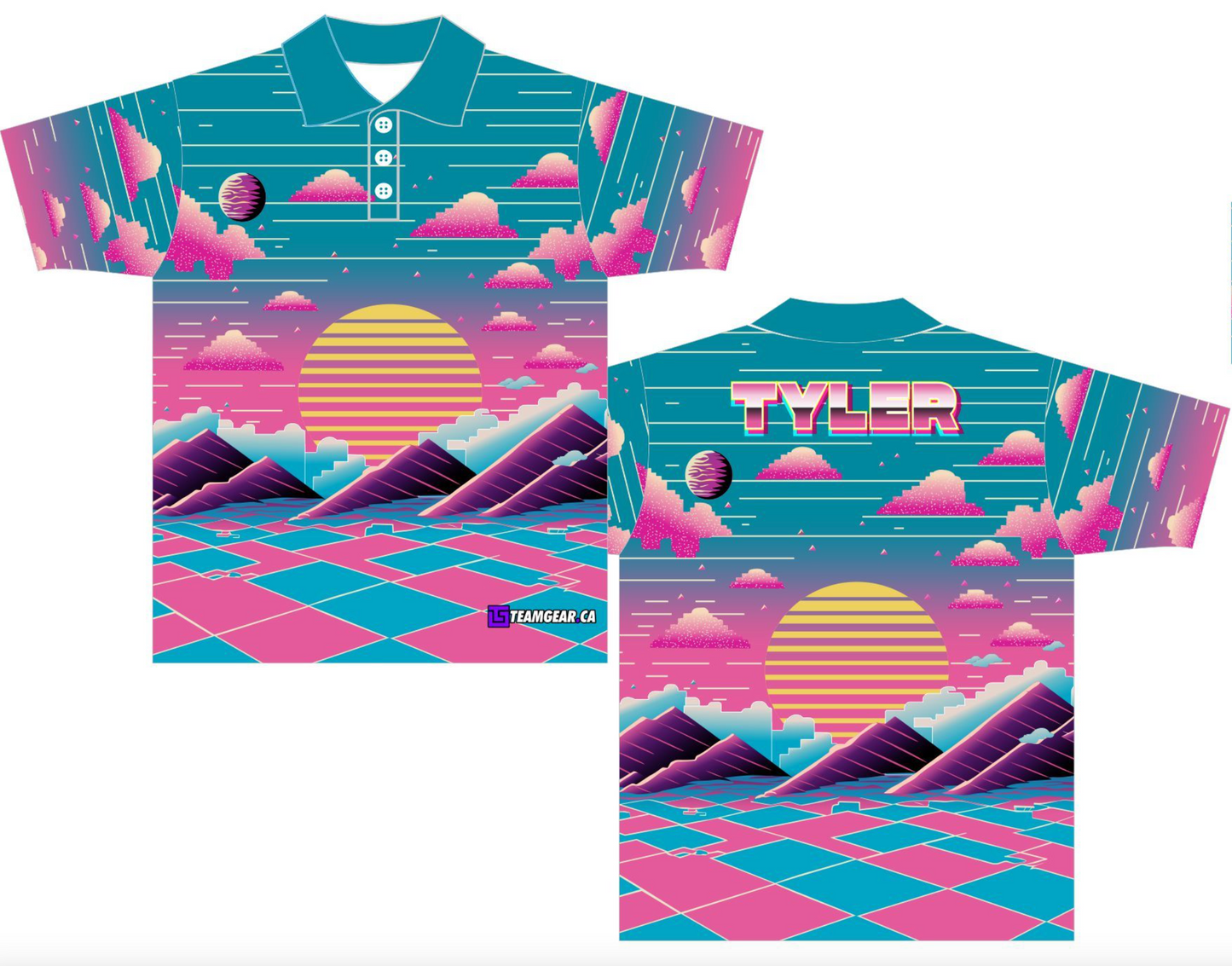 Retro Sunset Beer League Bowling Jersey with teal, pink and purple design