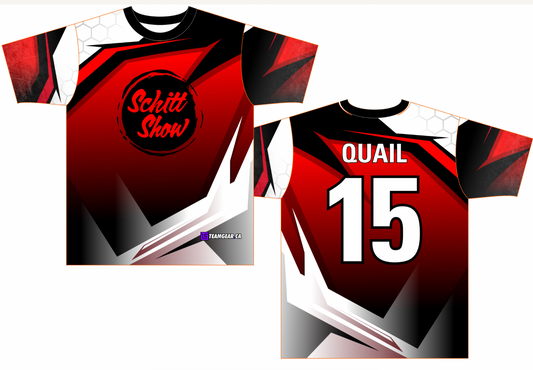 Schitt Show Softball Jersey with red black and white sporty designs