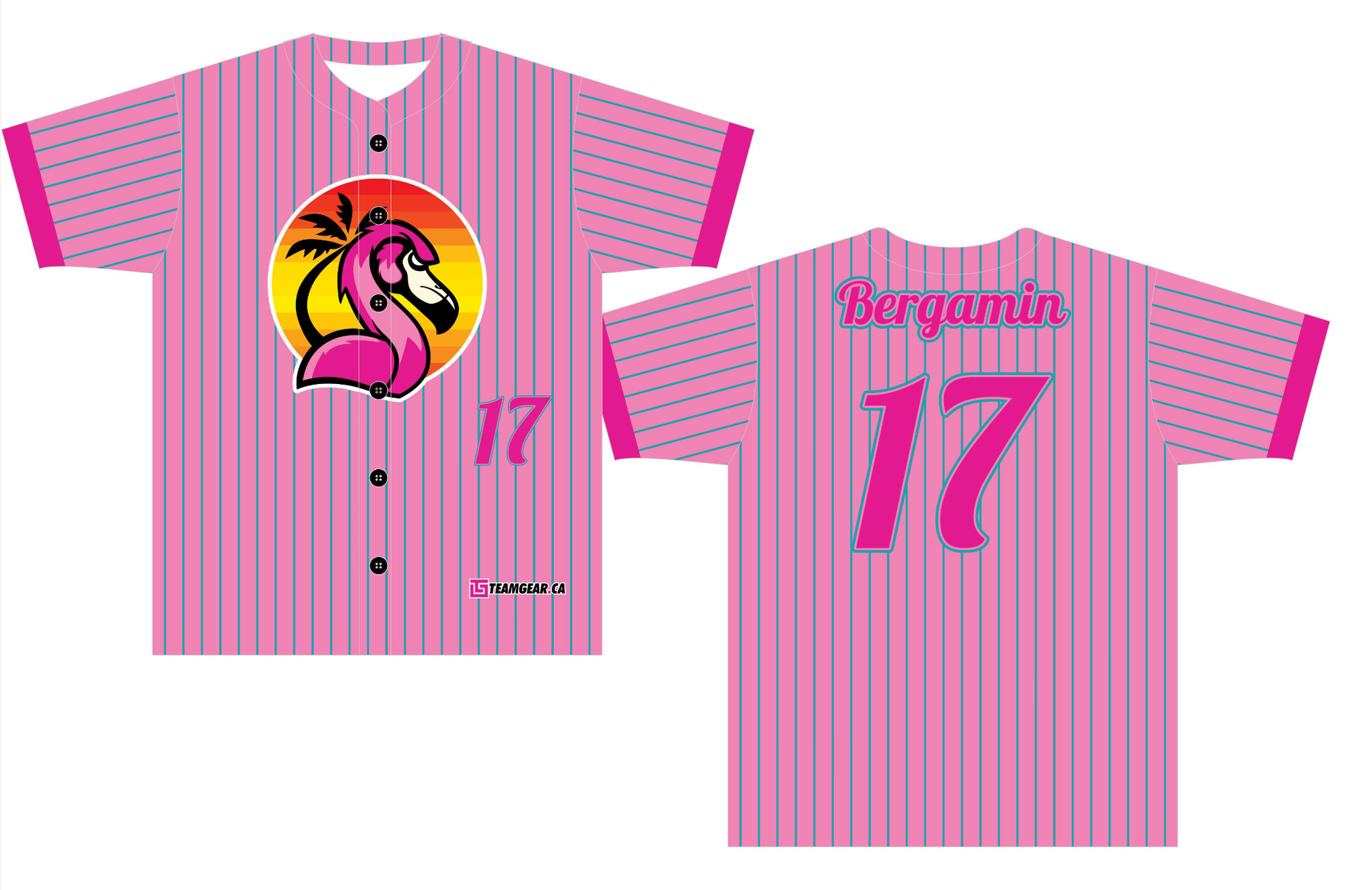 Pink Flamingos Pinstripe Baseball Jersey with black buttons