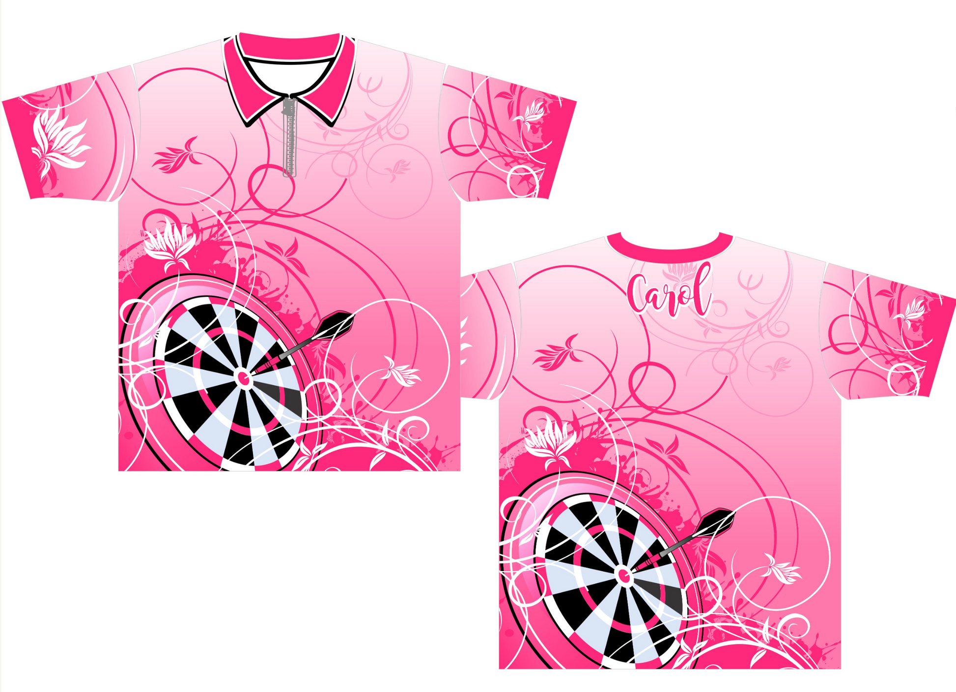 Ladies Pink Competitive Darts Jersey with flowers and pink dartboard