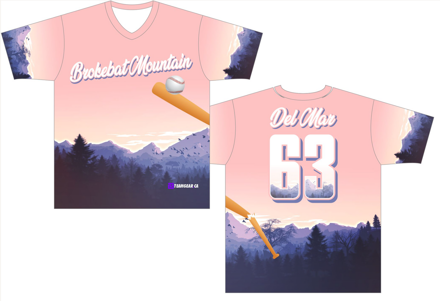 Brokebat Mountain Pink Softball Jersey with a v-neck