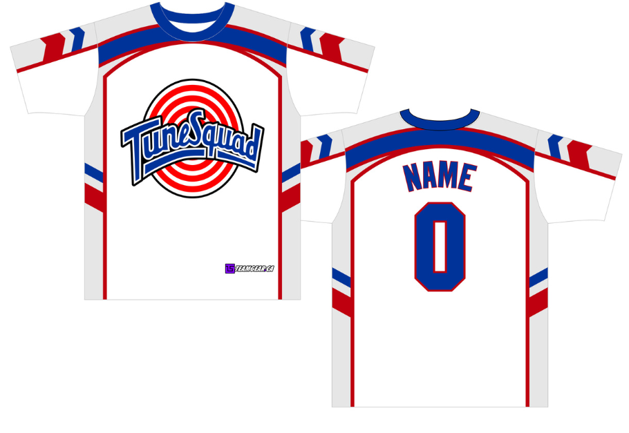 Tune Squad Grey Softball Jersey with blue and red accents