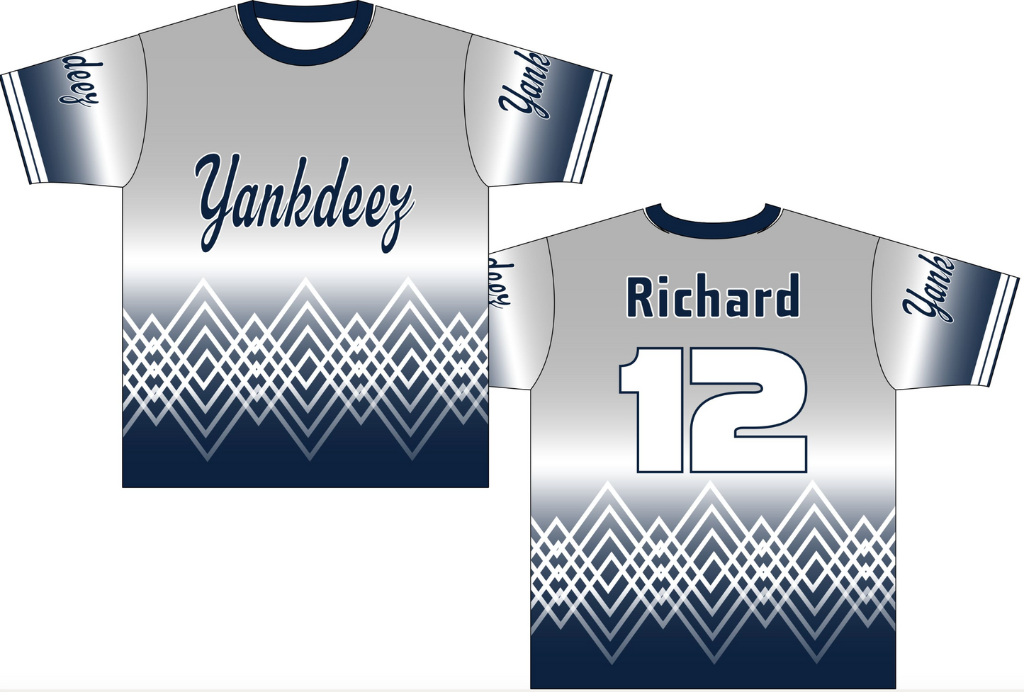 Yankdeez Grey Softball Jersey with blue and white ugly Christmas sweater inspired design and gradients