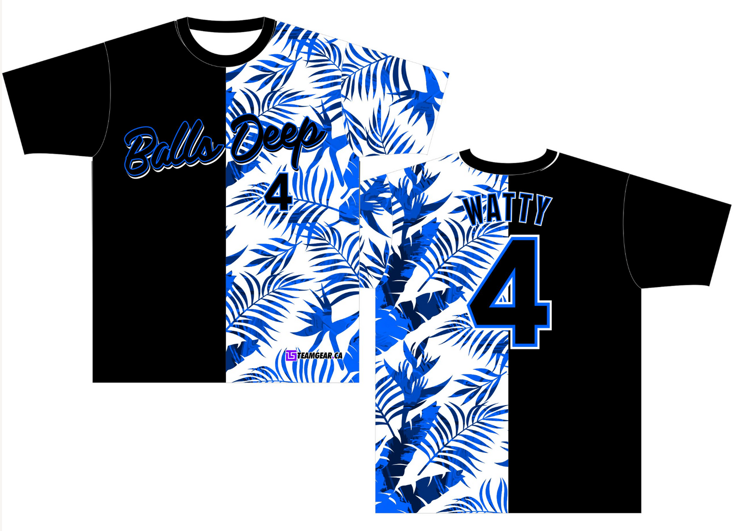 Balls Deep Splitter Softball Jersey with half black and half blue design