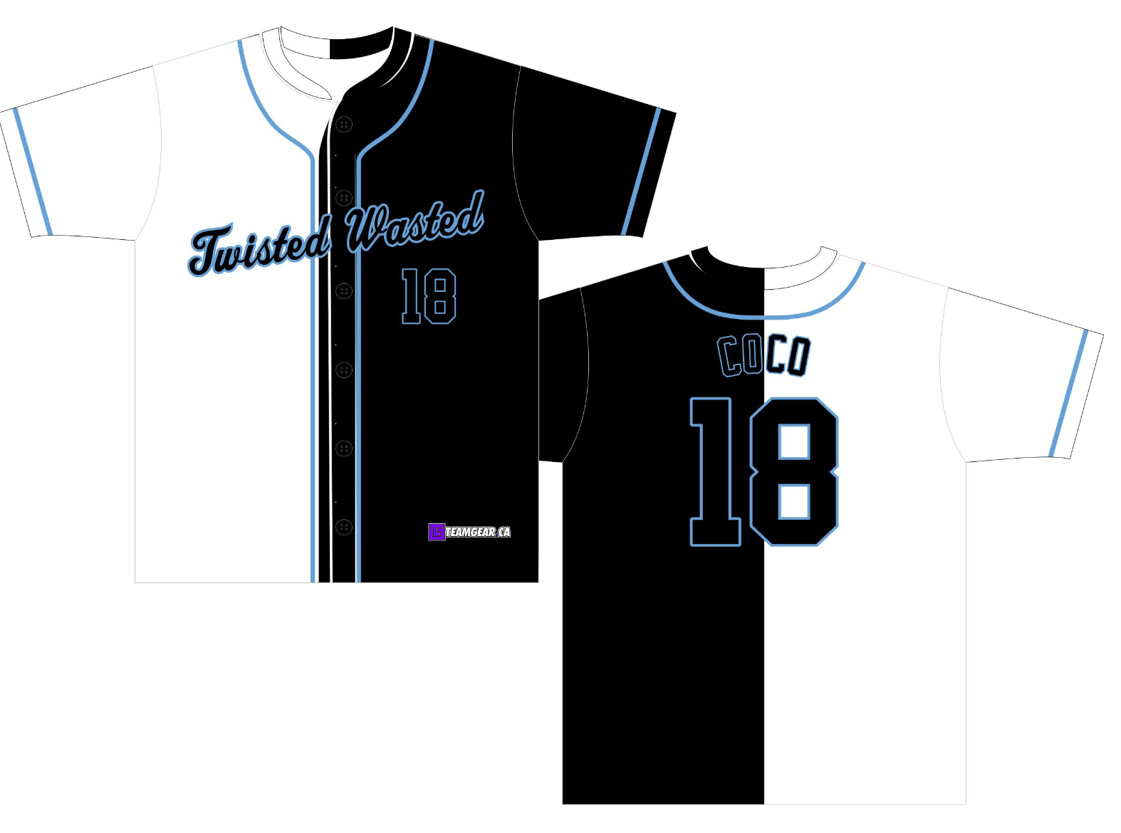 Twisted Wasted Splitter Baseball Jersey with half black and half white design