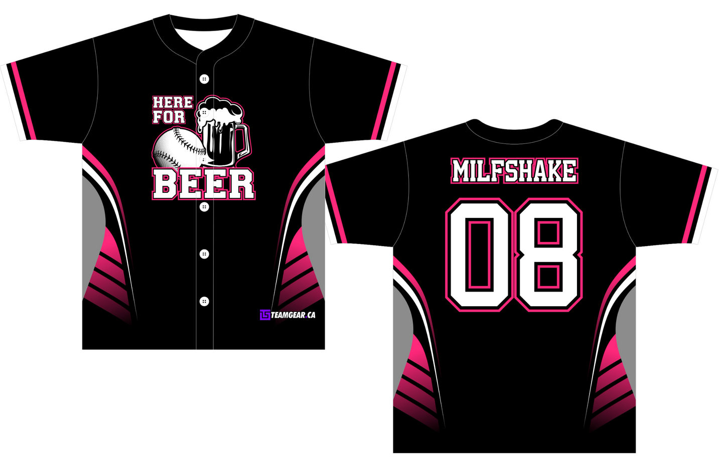 Here for Beer Black Baseball Jersey with hot pink designs