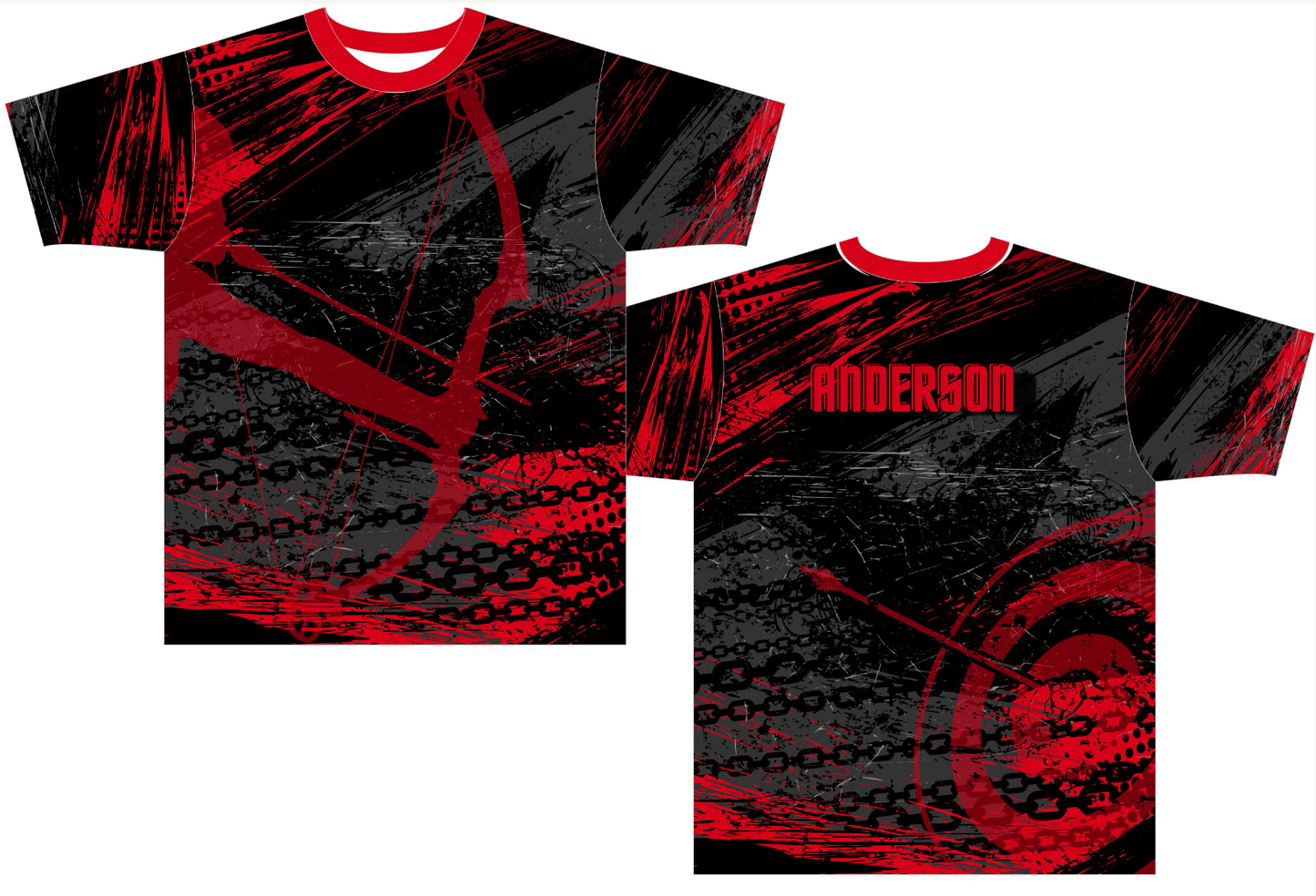 Red and Black Archery Jersey with bow and arrow target design