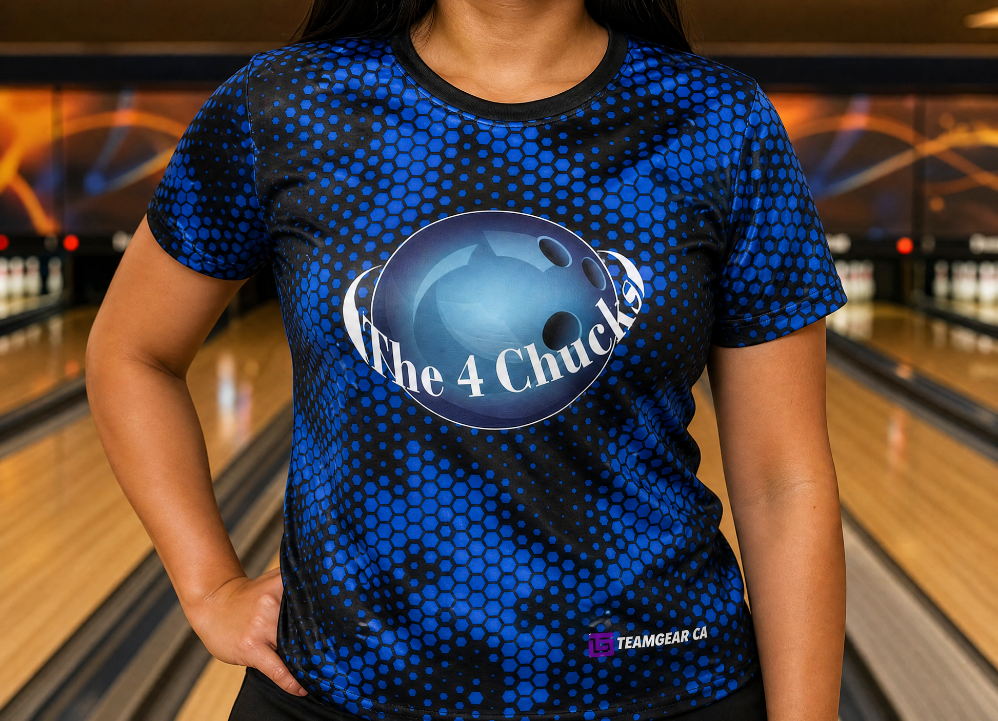 4 Chucks Blue Bowling Jersey — custom bowling jersey worn on model — TeamGear Canada