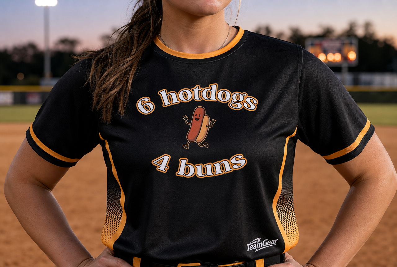 6 hotdogs 4 buns Softball Jersey — custom softball jersey worn on model — TeamGear Canada