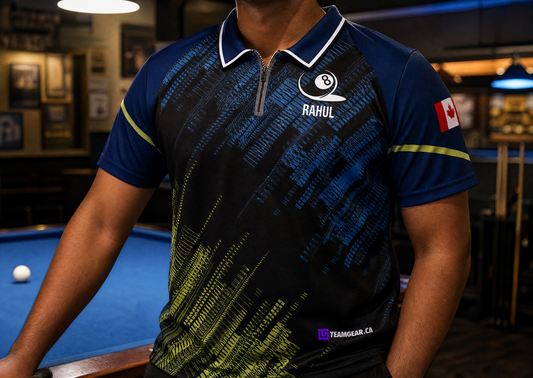 8 Ball Pool Billiards Jersey — custom billiards jersey worn on model — TeamGear Canada
